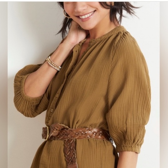 Sundry Dijon Brown Henley Loose Long Sleeve Gauze Cotton Midi Muslin Dress NWOT - Picture 4 of 13